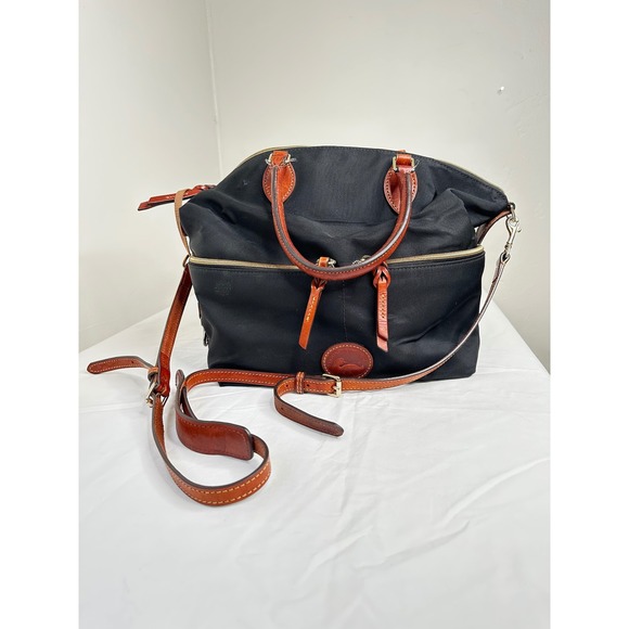 Dooney & Bourke Handbags - Dooney & Bourke Black Nylon Leather Trim Satchel Crossbody Bag Front Zip Pockets